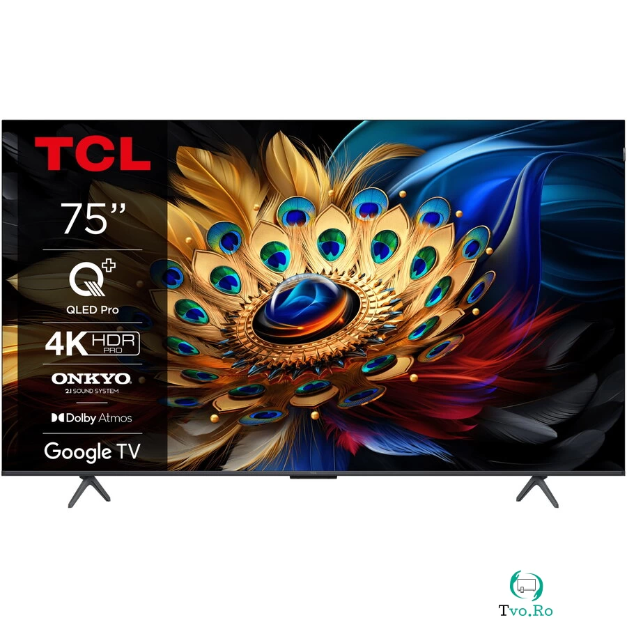 TCL Televizor TCL 75C655, QLED, 189 cm, Smart Google TV, 4K Ultra HD, Clasa F, 3840 x 2160 pixeli, Negru