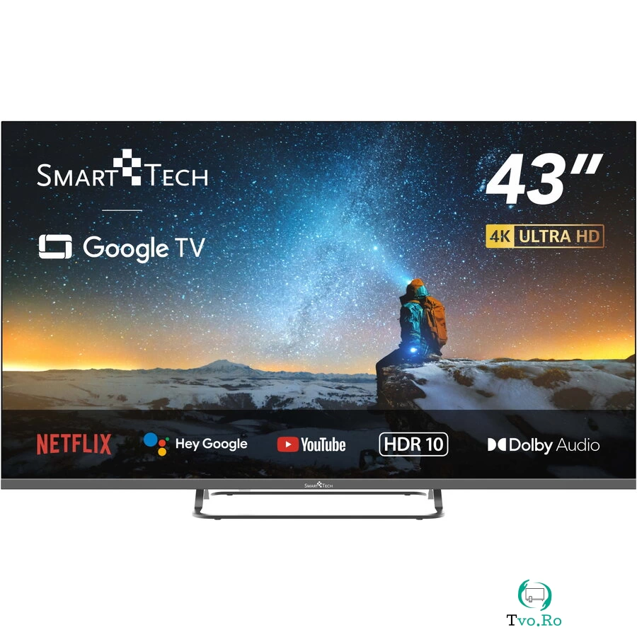Smart Tech Televizor Smart Tech 43UG02V, 109 cm, UHD 4K Google TV, Wi-Fi, Bluetooth, Dolby Audio, Negru